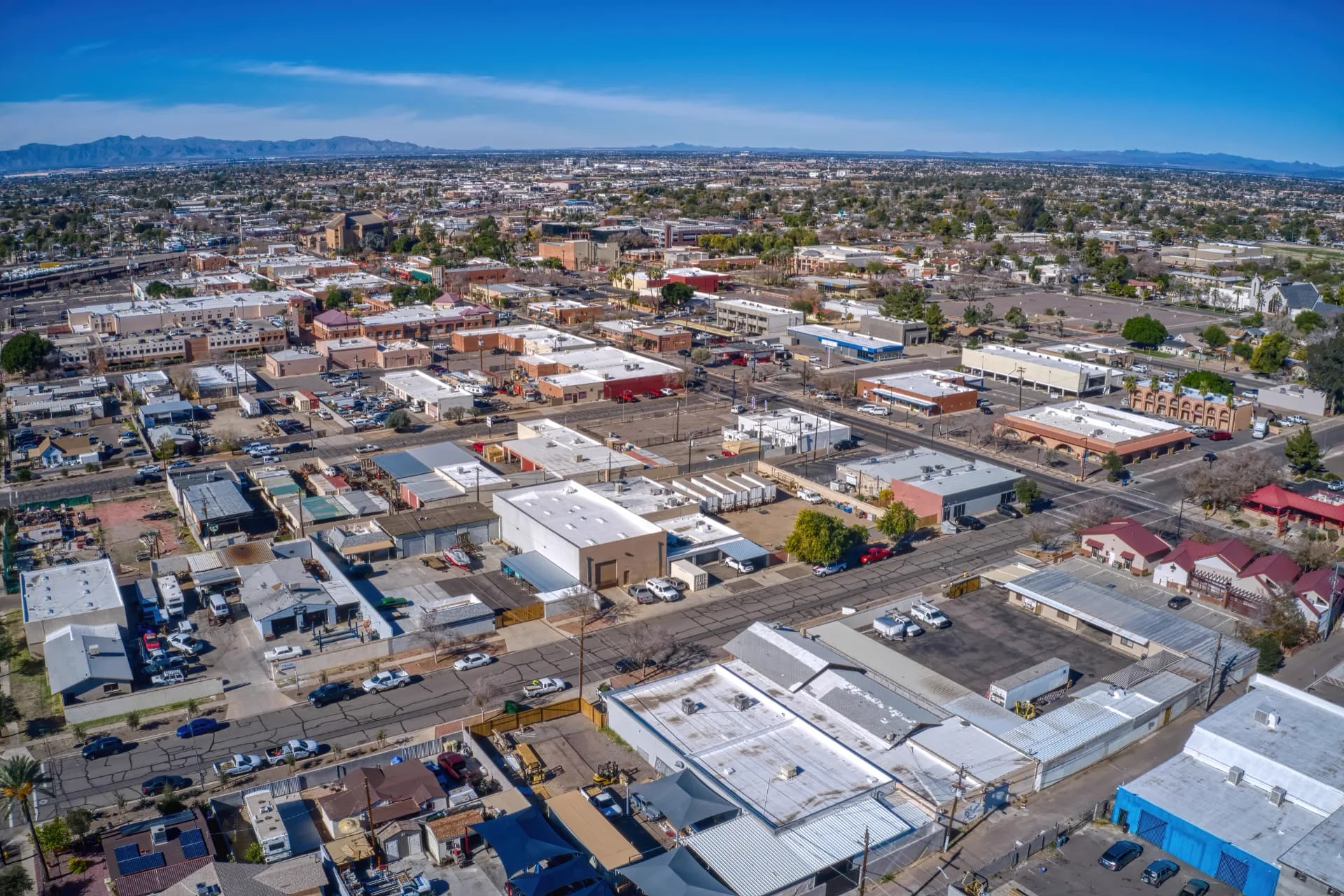 Aerial view of a Glendale industrial and commercial district with rooftop equipment