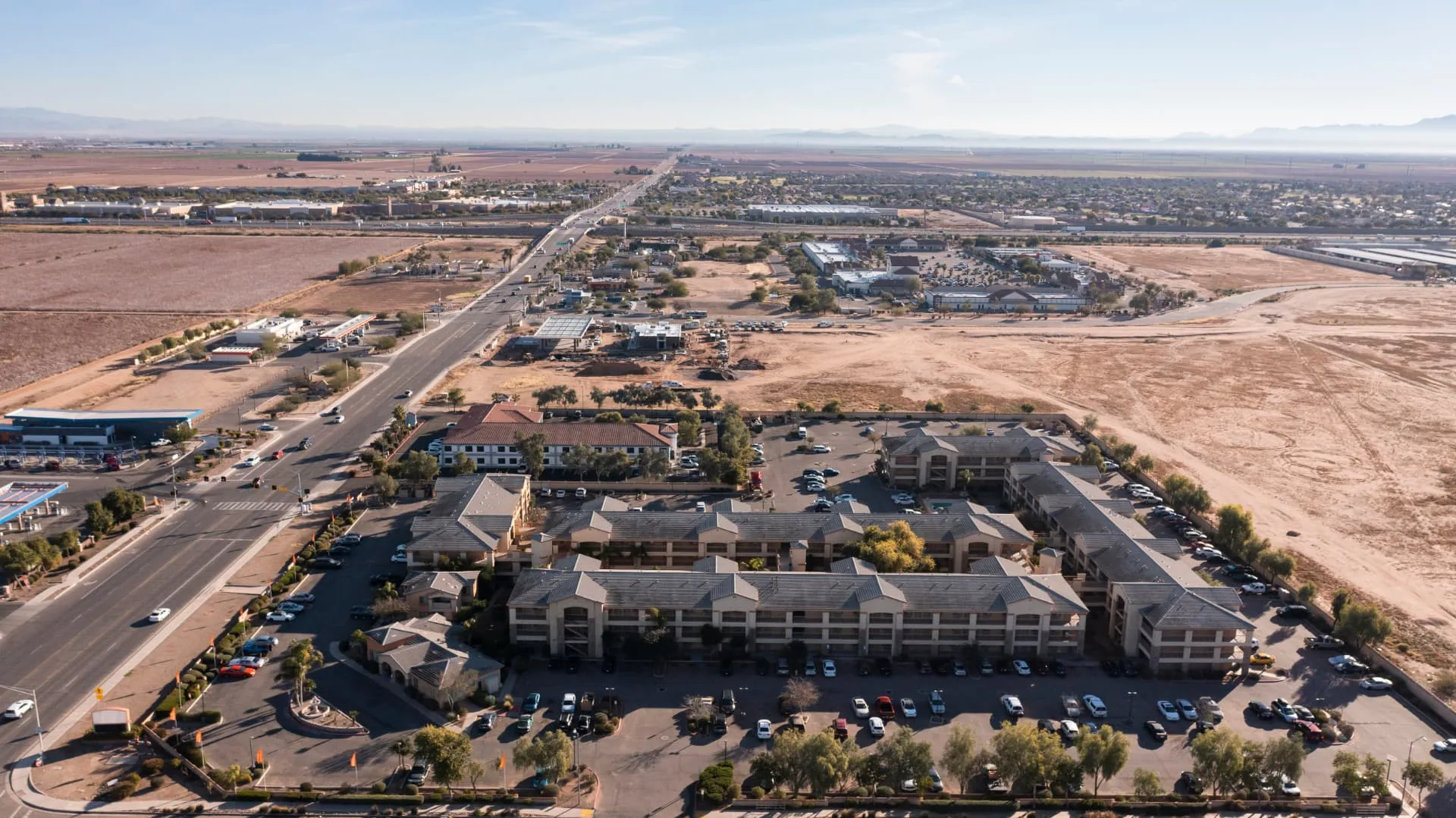 Aerial view of a Casa Grande commercial district along the highway corridor