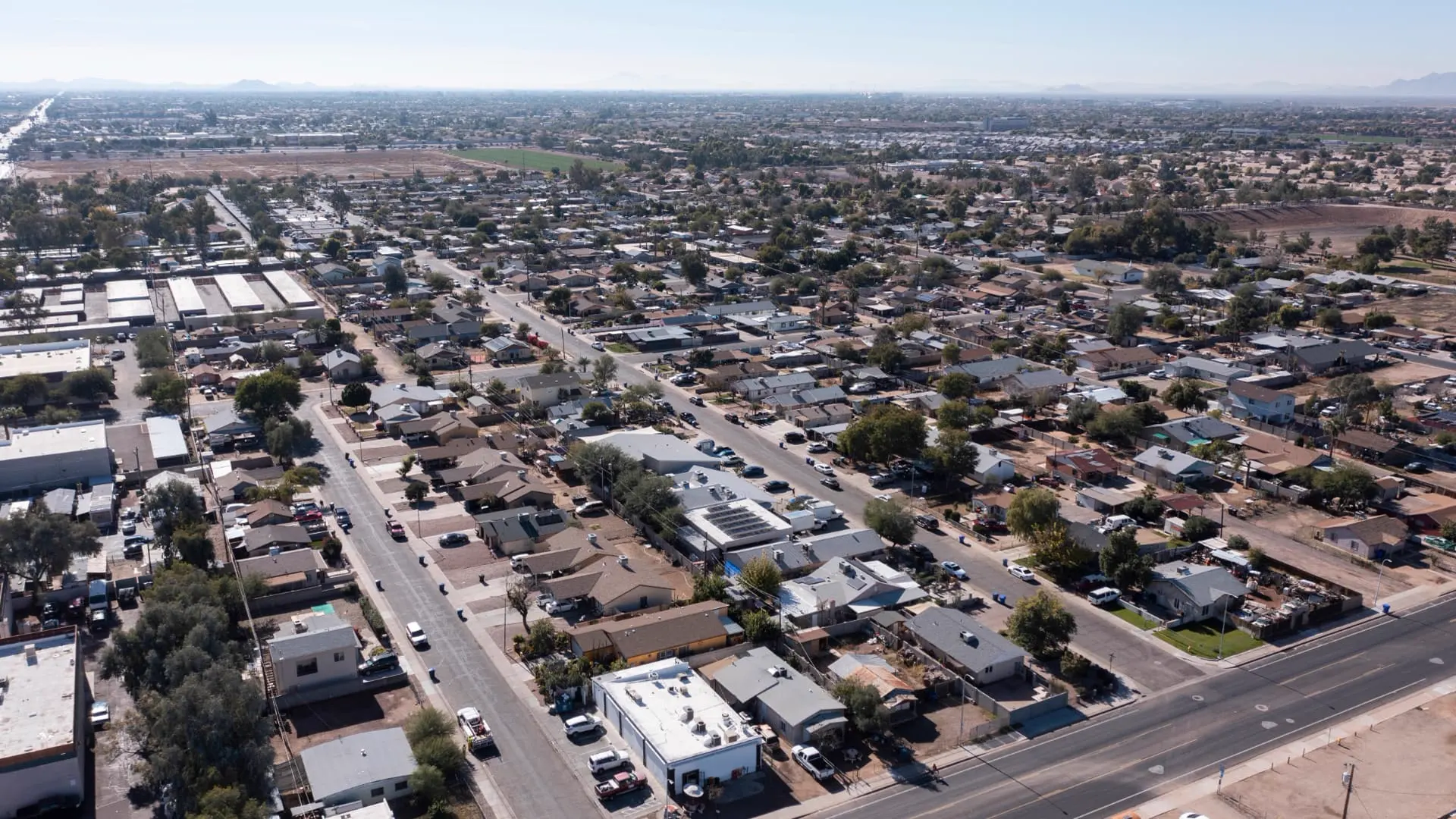 Aerial view of Chandler neighborhoods and roadways across the East Valley, rope access, confined space rescue and safety services in Chandler, AZ