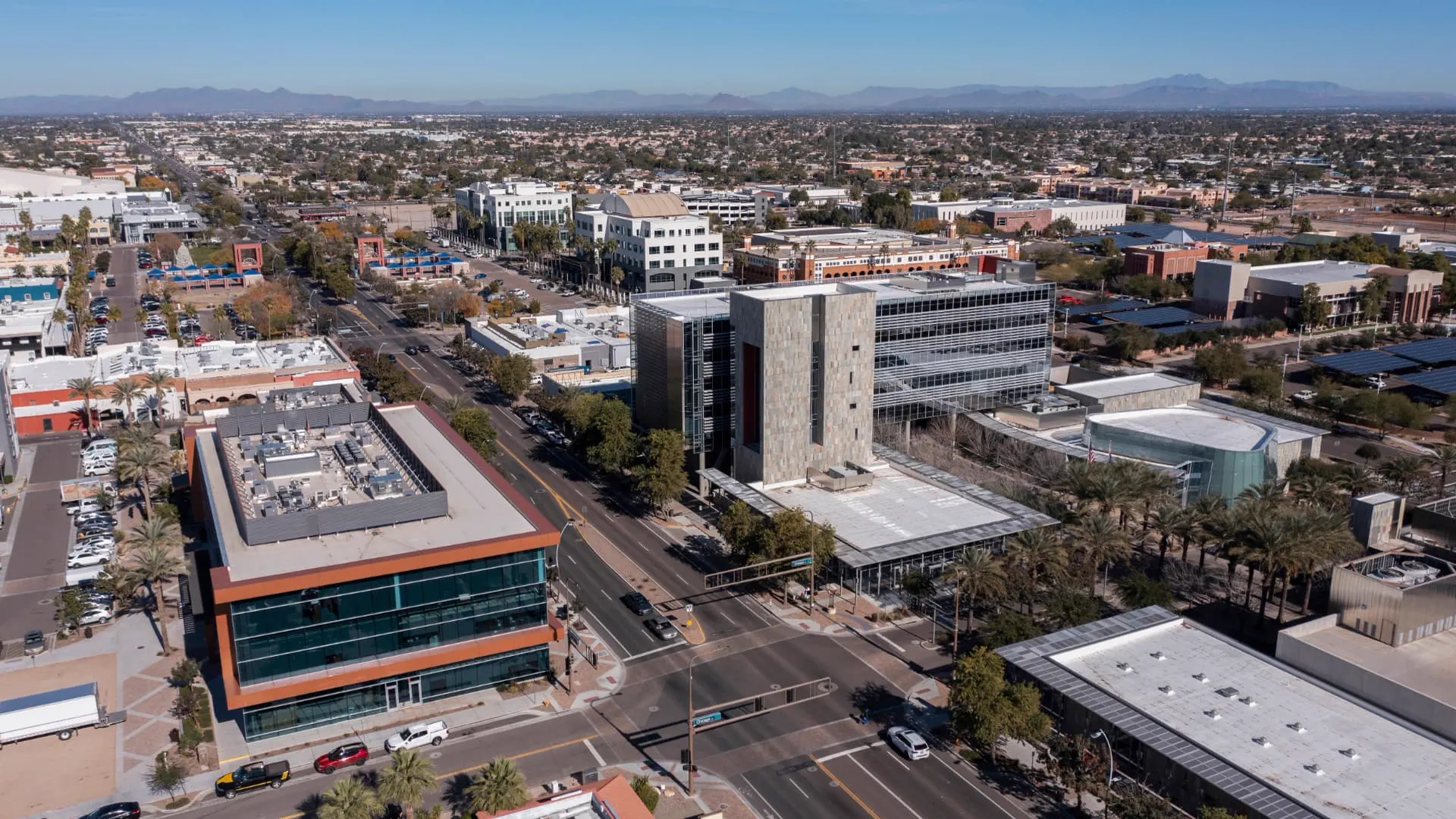 Aerial view of downtown Chandler, Arizona with civic buildings and the East Valley beyond