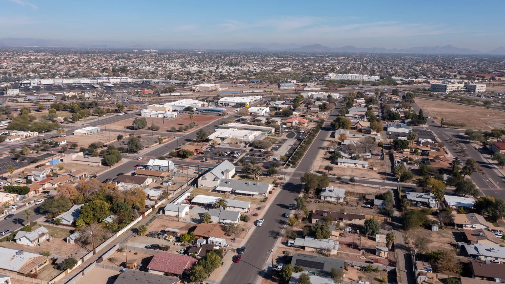 Aerial view of a Peoria commercial and light industrial corridor, rope access, confined space rescue and safety services in Peoria, AZ
