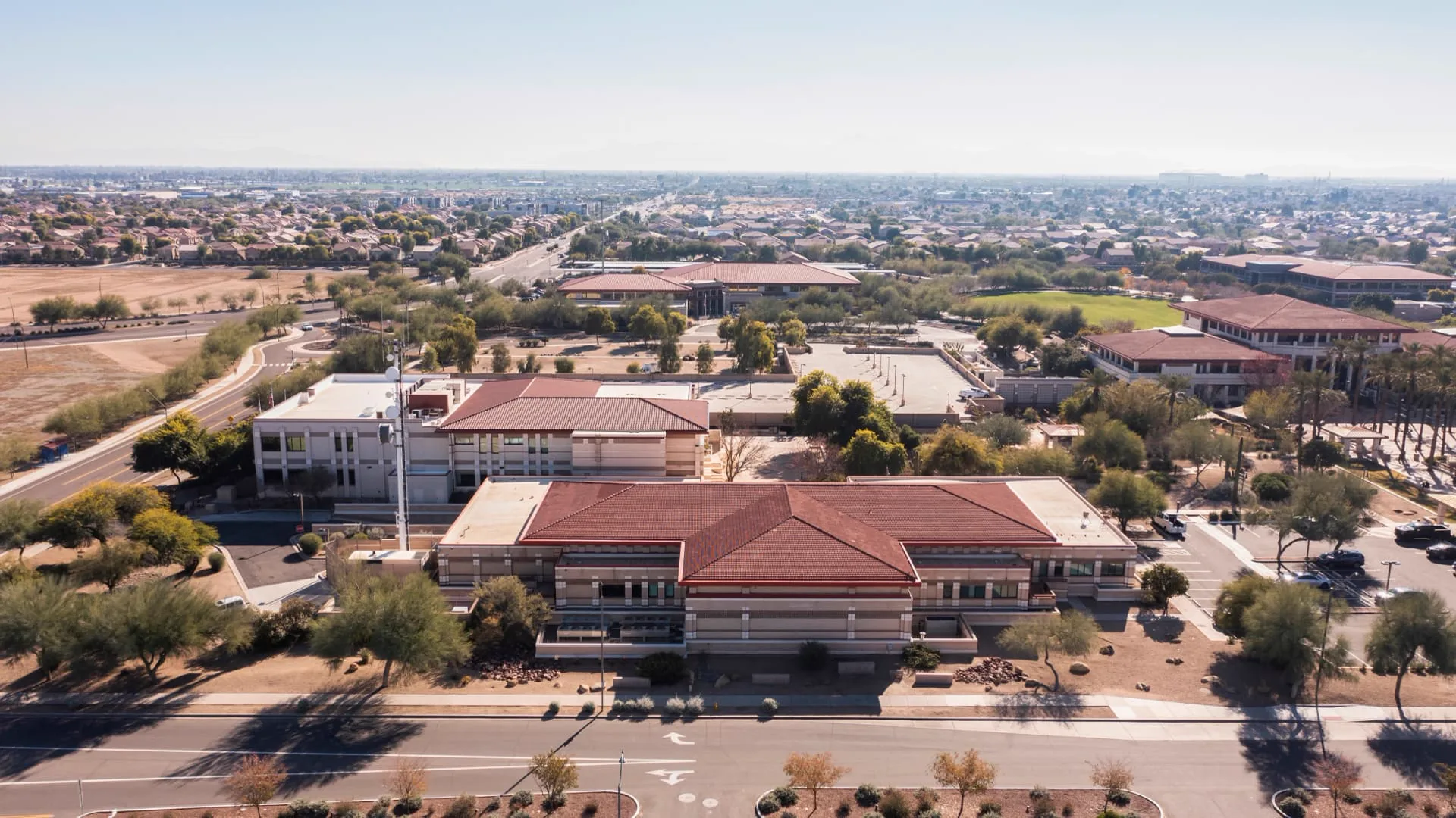 Aerial view of a Peoria civic campus with rooftop mechanical equipment