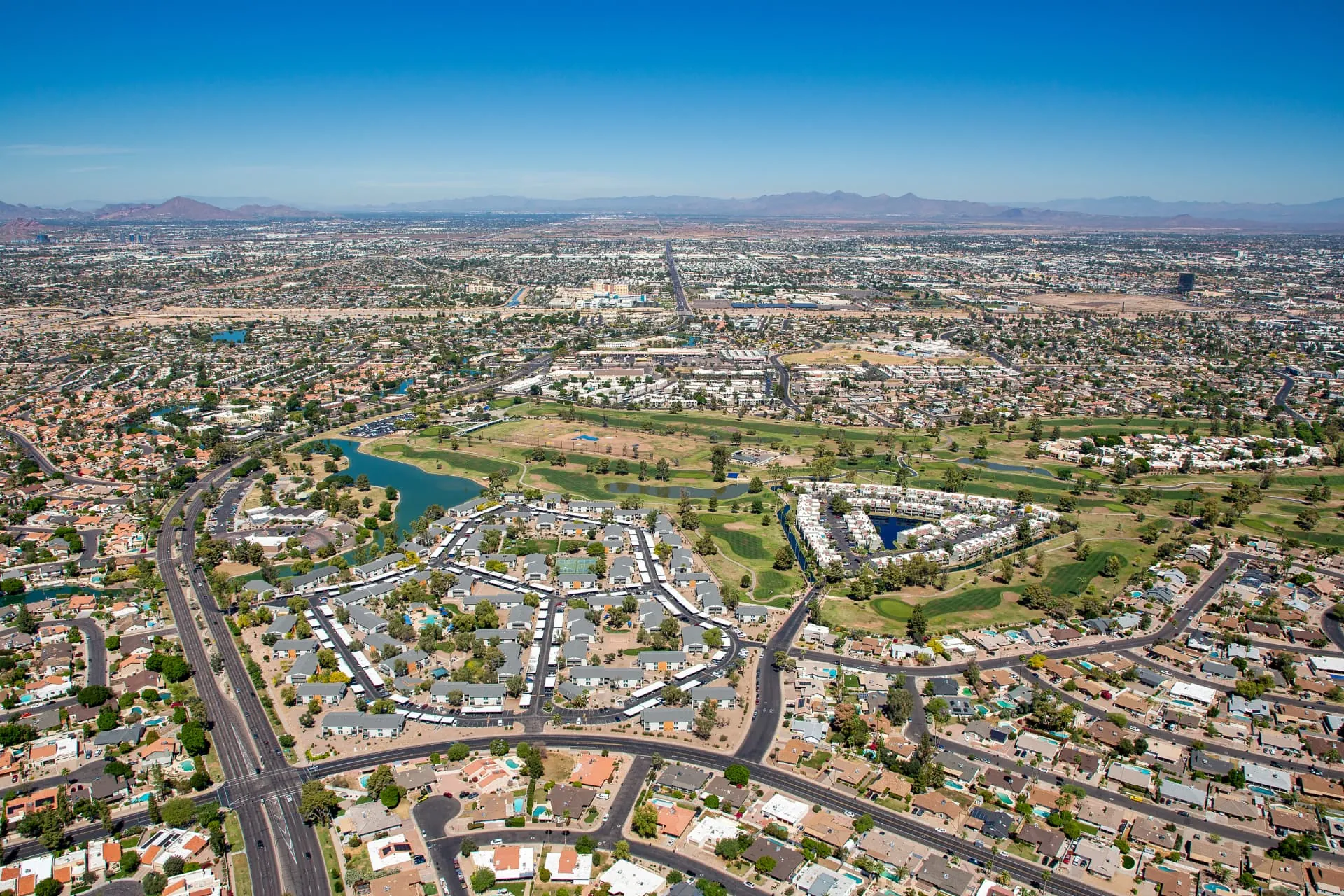 Wide aerial view of Mesa neighborhoods and the East Valley, rope access, confined space rescue and safety services in Mesa, AZ