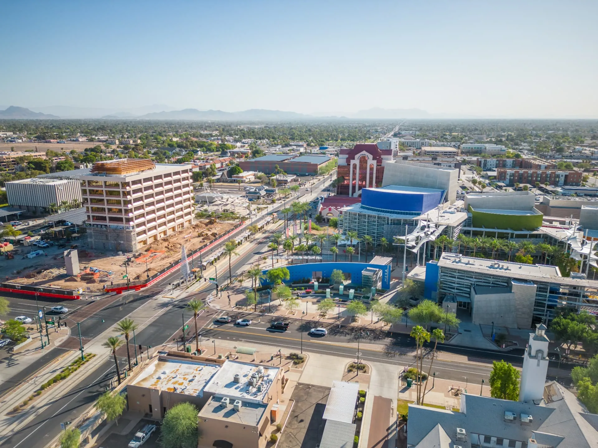 Aerial view of downtown Mesa, Arizona along Main Street