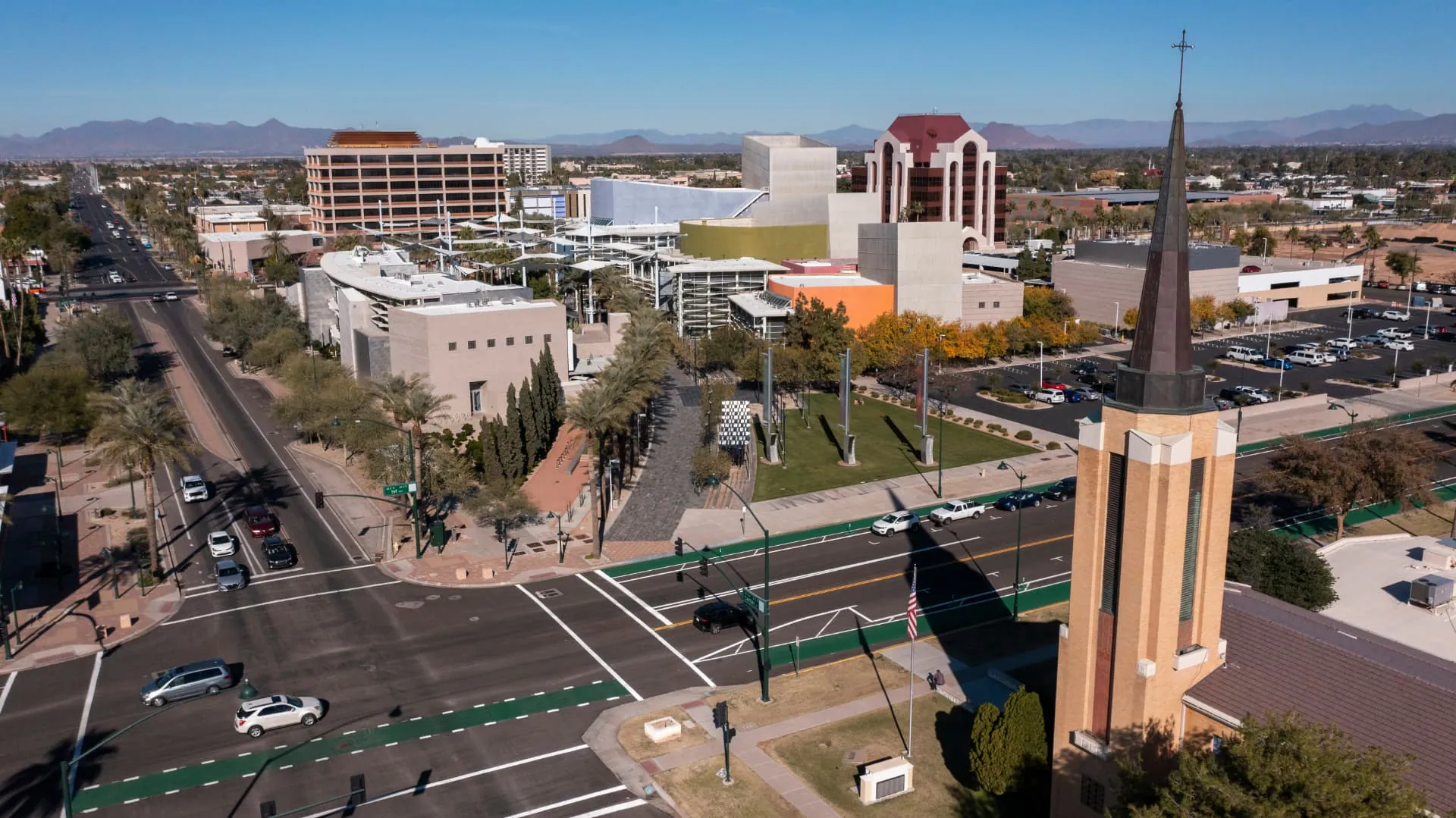 Aerial view of the Mesa civic center campus and surrounding buildings