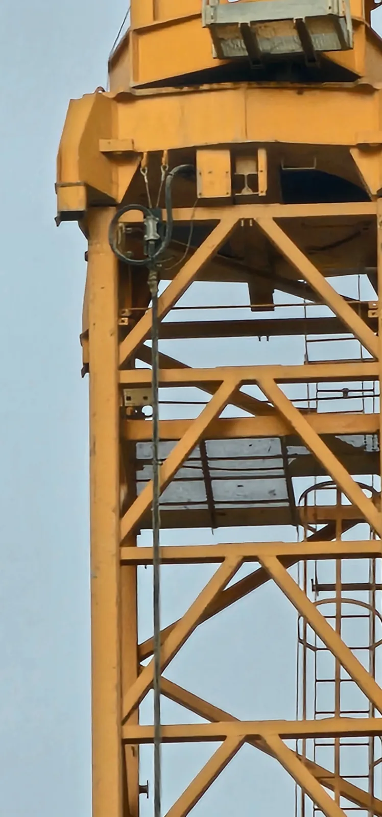 Detail of a tower crane mast section with rigging line and climbing ladder