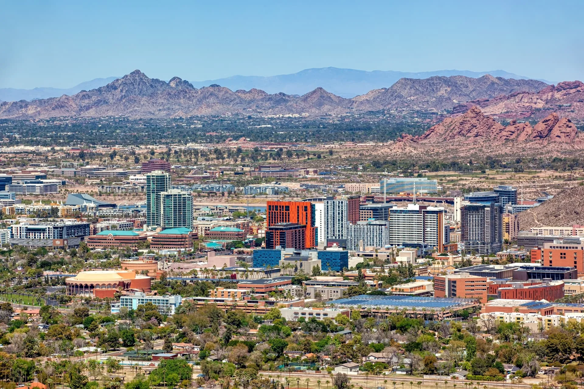 Downtown Tempe, Arizona high-rises with Papago Buttes and the valley beyond
