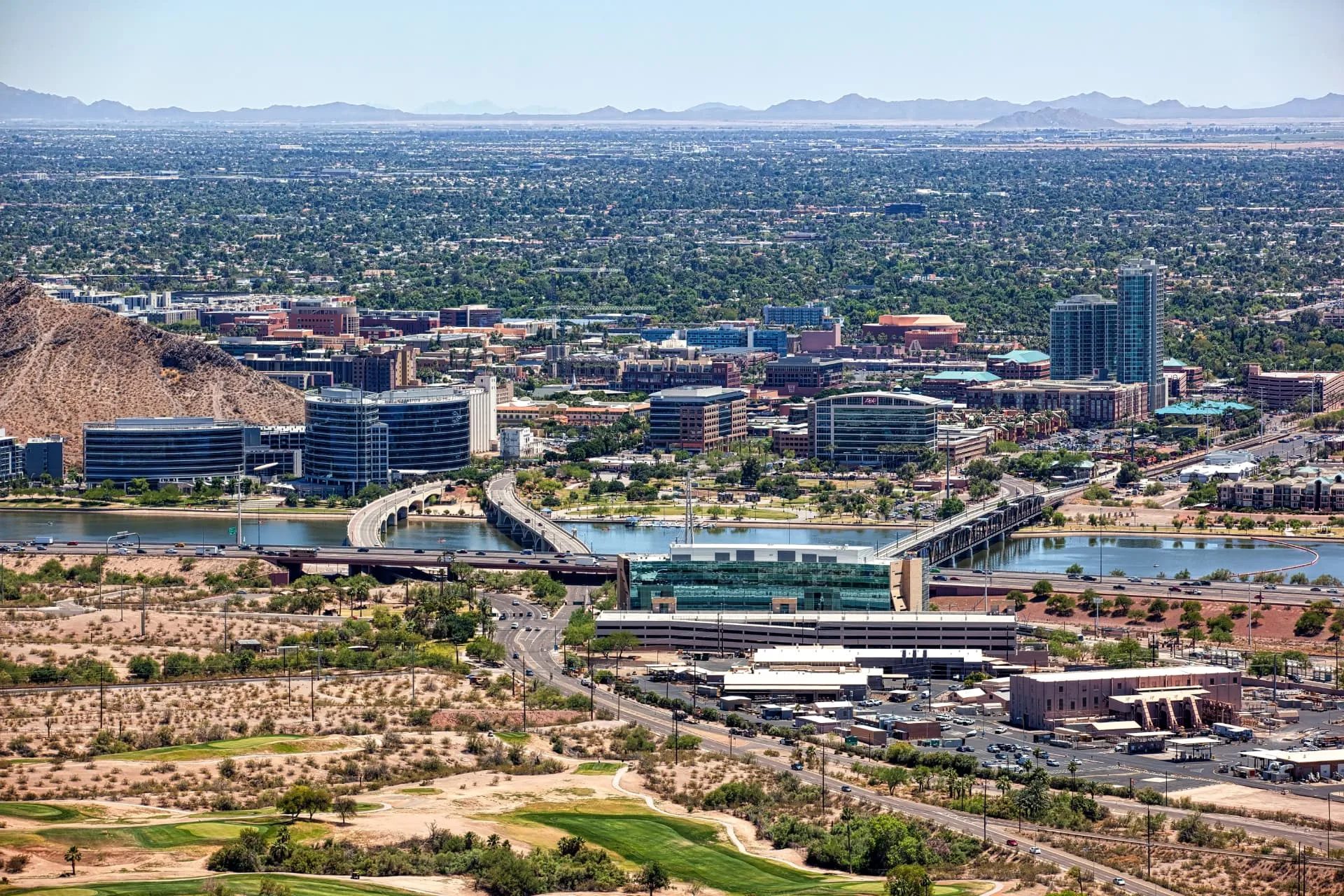 Wide aerial view of Tempe across Tempe Town Lake and the surrounding valley, rope access, confined space rescue and safety services in Tempe, AZ