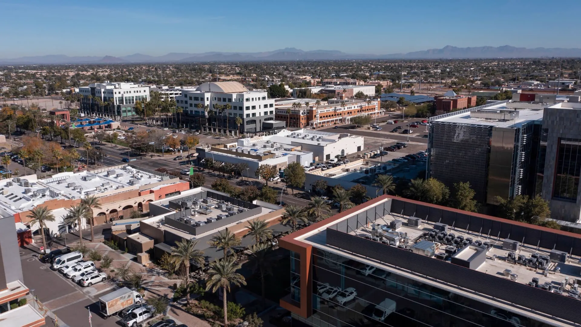 Aerial view of the Chandler civic district with commercial and municipal buildings, rope access, confined space rescue and safety services in Chandler, AZ
