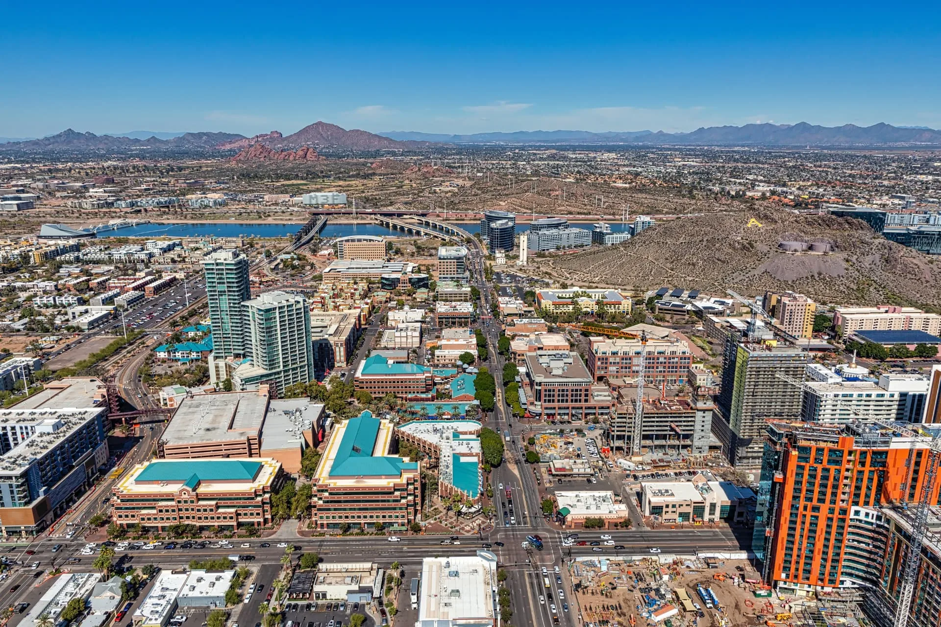 Aerial view of the Mill Avenue district in Tempe with towers and construction