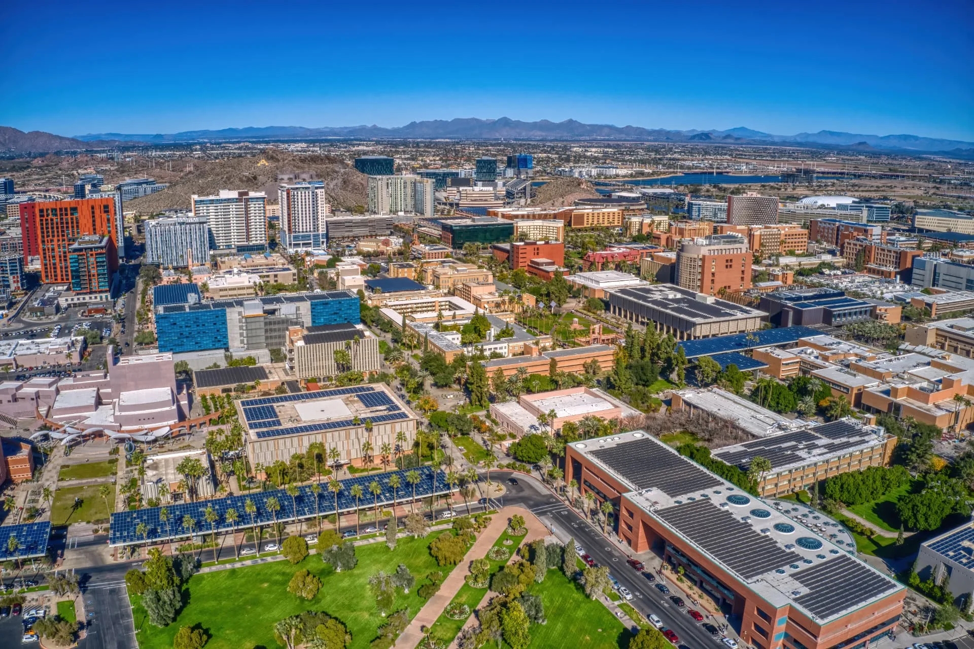 Aerial view of the Tempe campus district with rooftop mechanical and solar structures