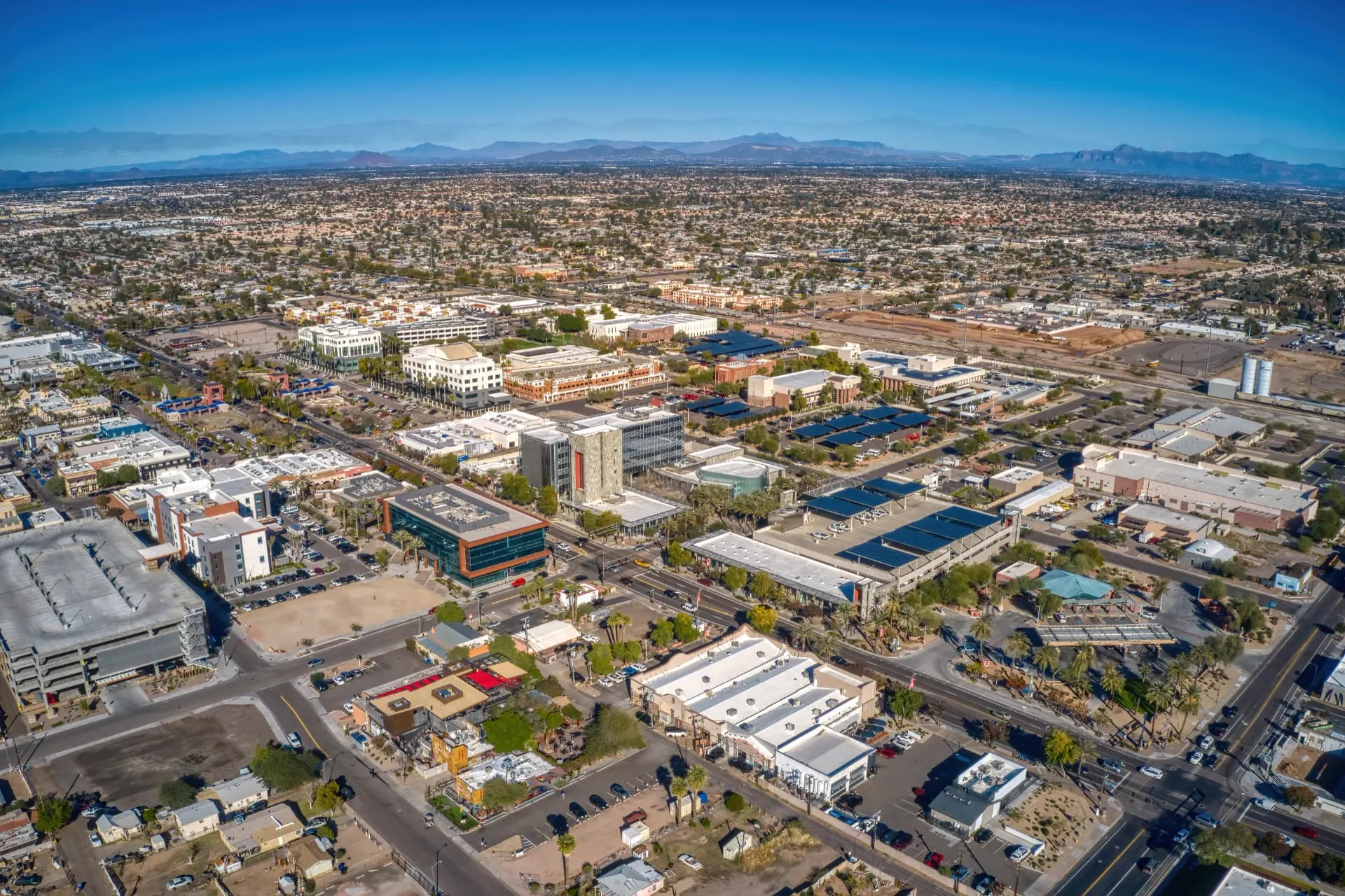 Wide aerial view of the Chandler city center and surrounding commercial districts