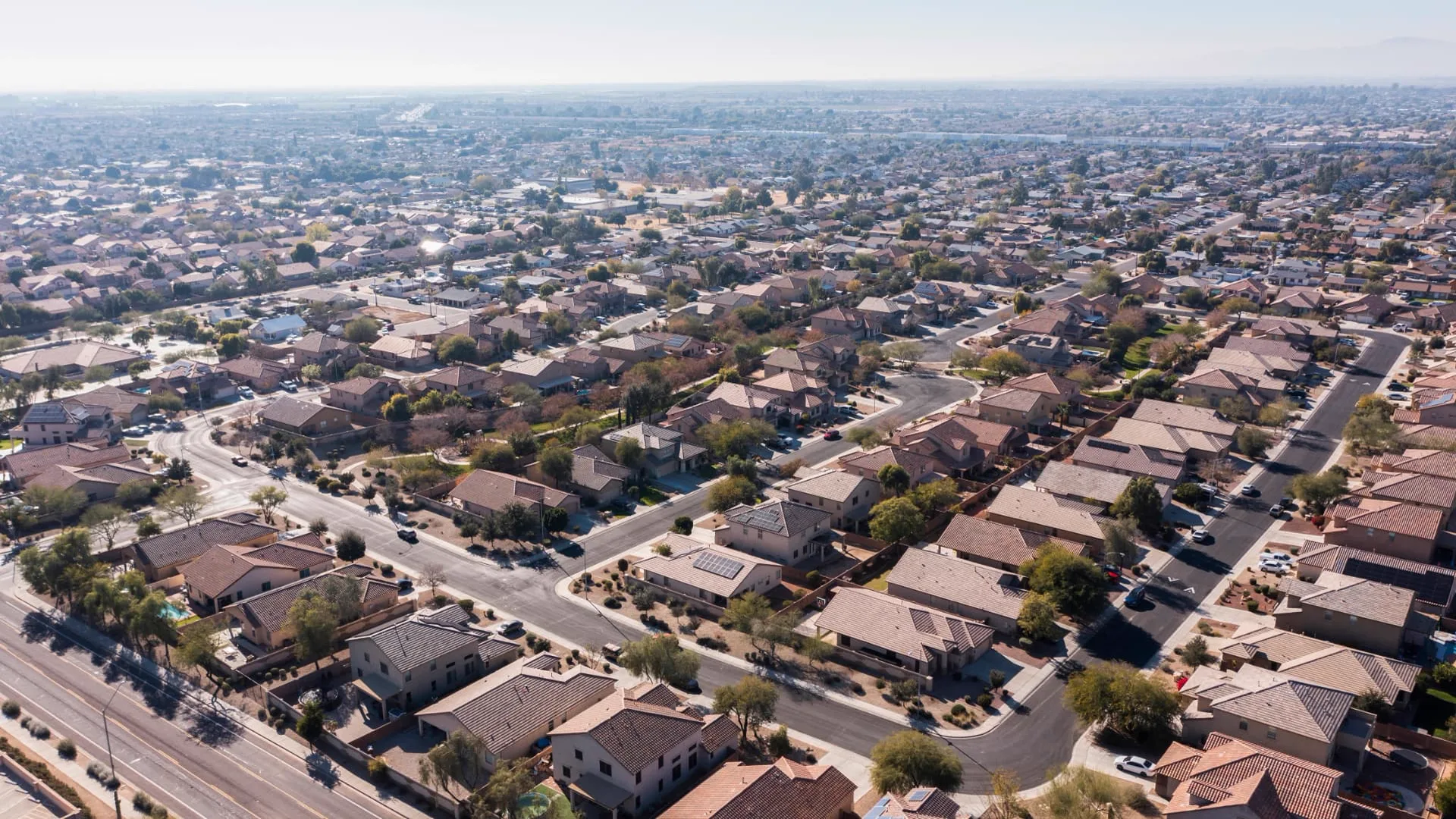 Aerial view of Peoria neighborhoods and roadways across the West Valley, rope access, confined space rescue and safety services in Peoria, AZ
