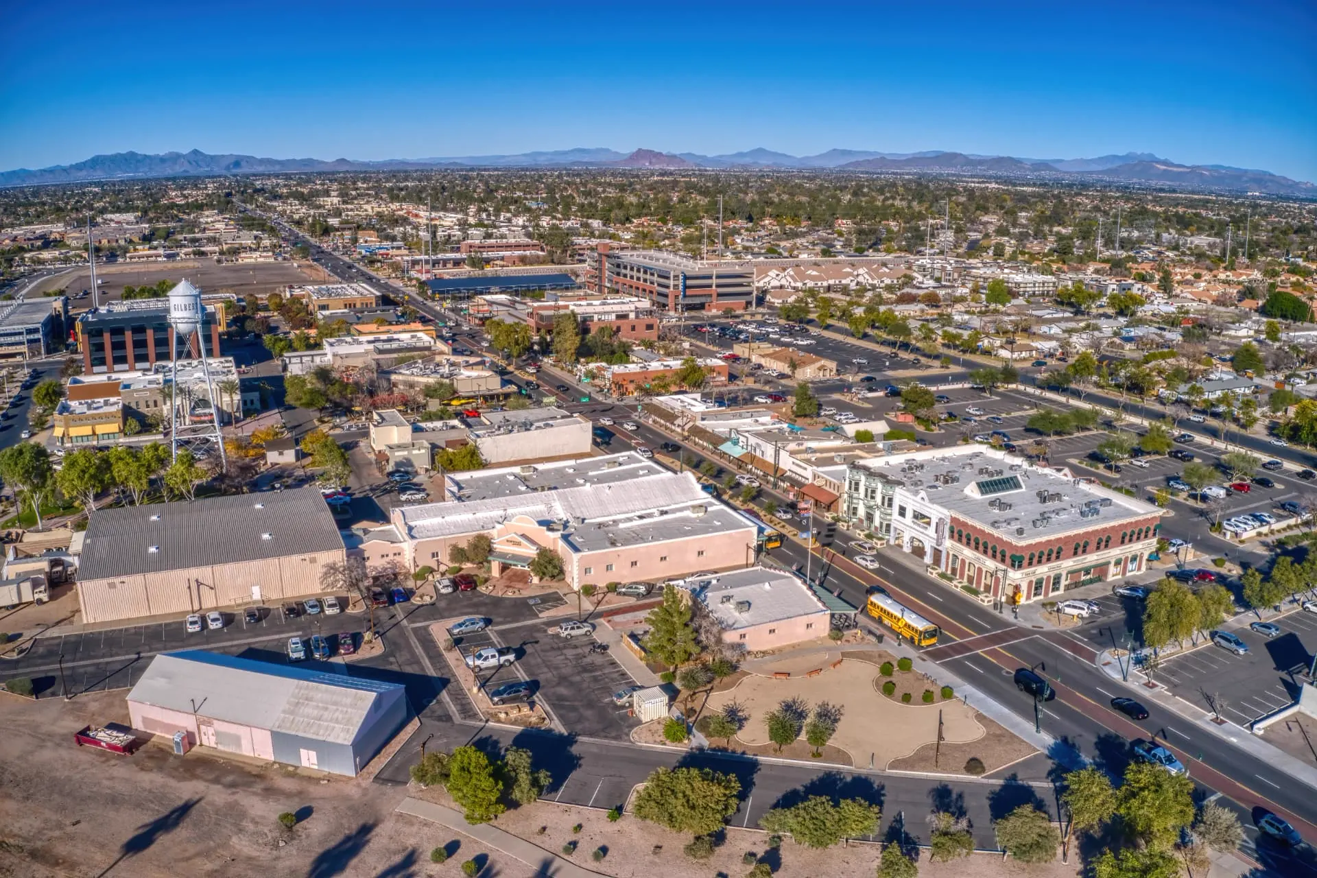 Aerial view of downtown Gilbert, Arizona with the historic water tower