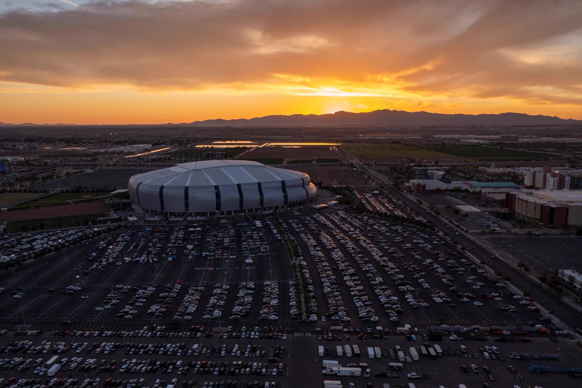 Aerial view of the Glendale, Arizona sports and entertainment district at sunset