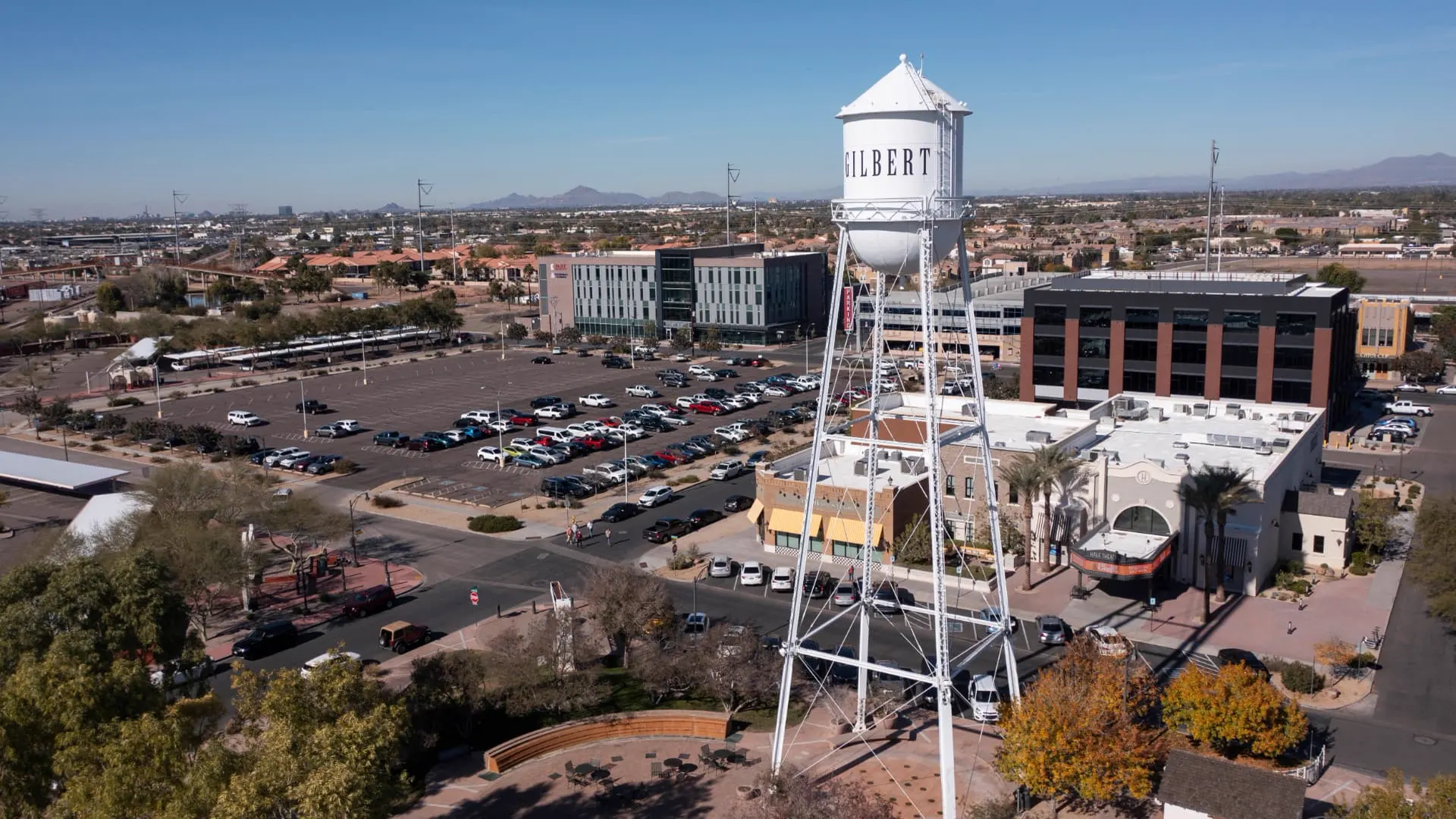 Aerial view of the Gilbert water tower district and downtown office buildings