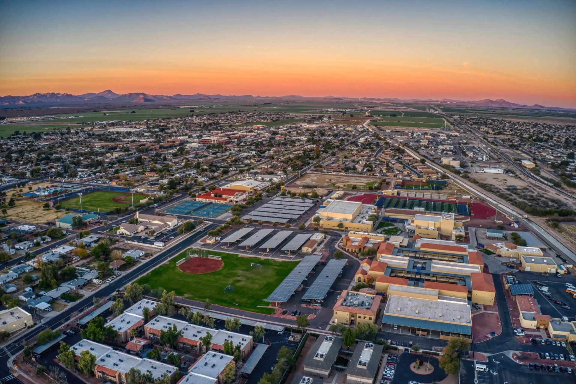 Aerial view of a Buckeye civic and school campus with rooftop mechanical equipment