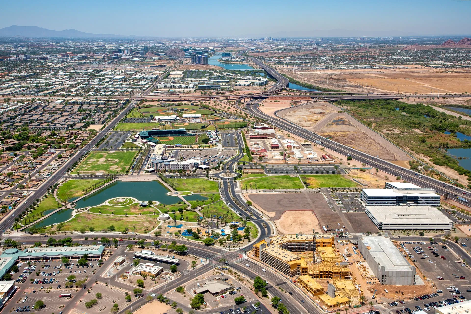 Aerial view of the Mesa Riverview corridor with commercial and industrial development, rope access, confined space rescue and safety services in Mesa, AZ