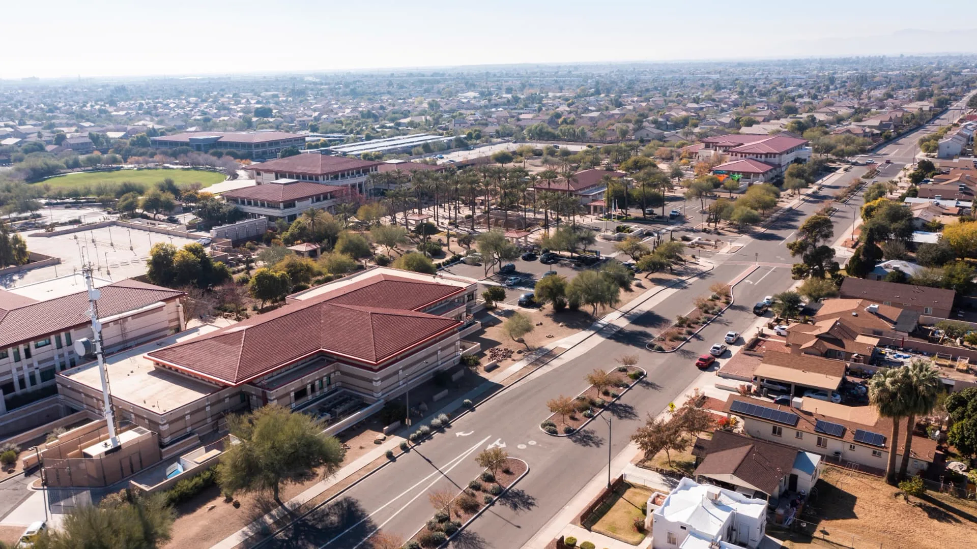 Aerial view of Peoria municipal buildings and surrounding streets