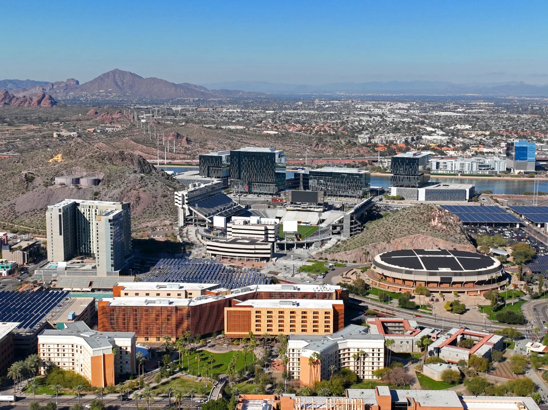 Aerial view of the Tempe stadium and arena district against the buttes, rope access, confined space rescue and safety services in Tempe, AZ