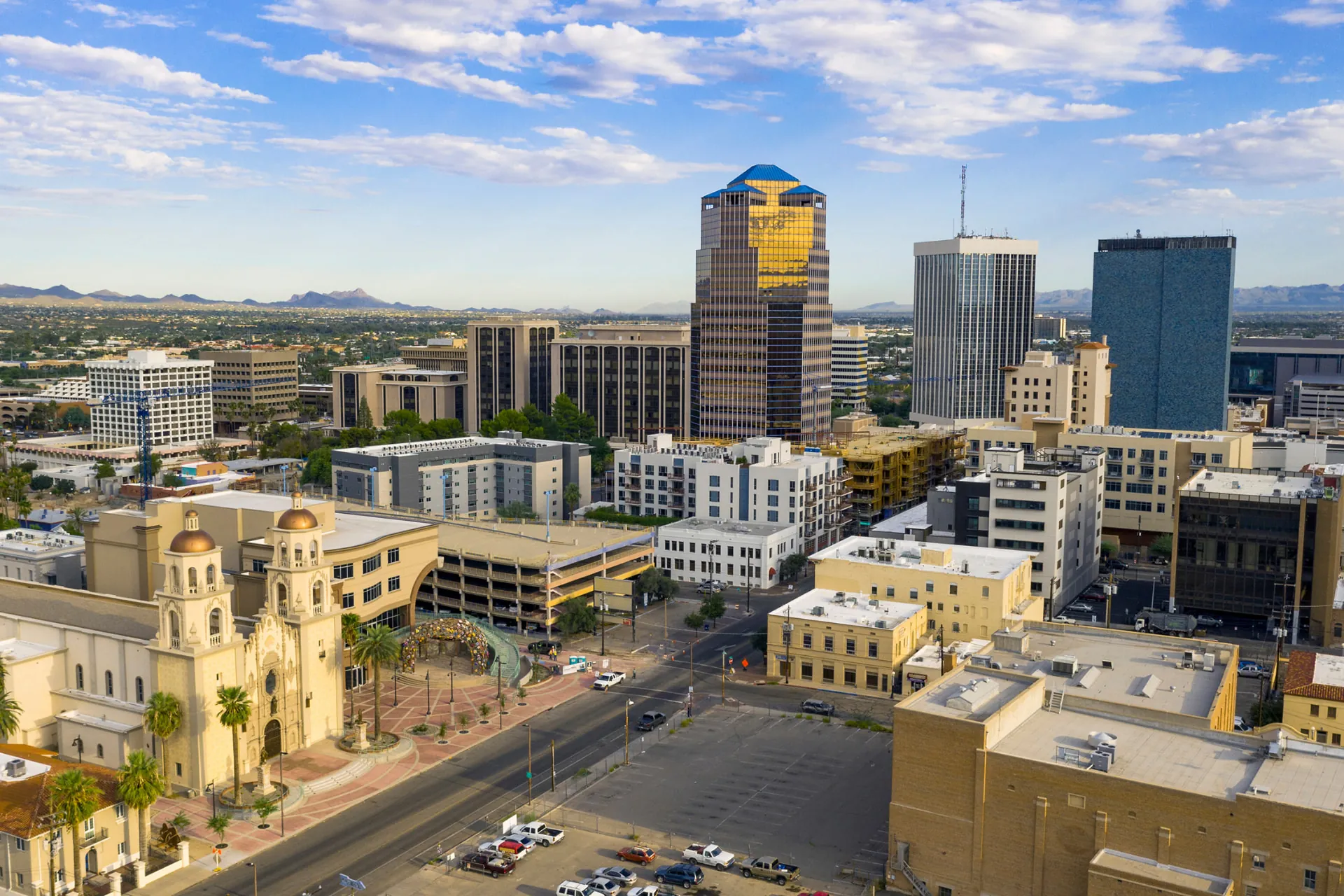 Aerial view of downtown Tucson, Arizona high-rises and the cathedral