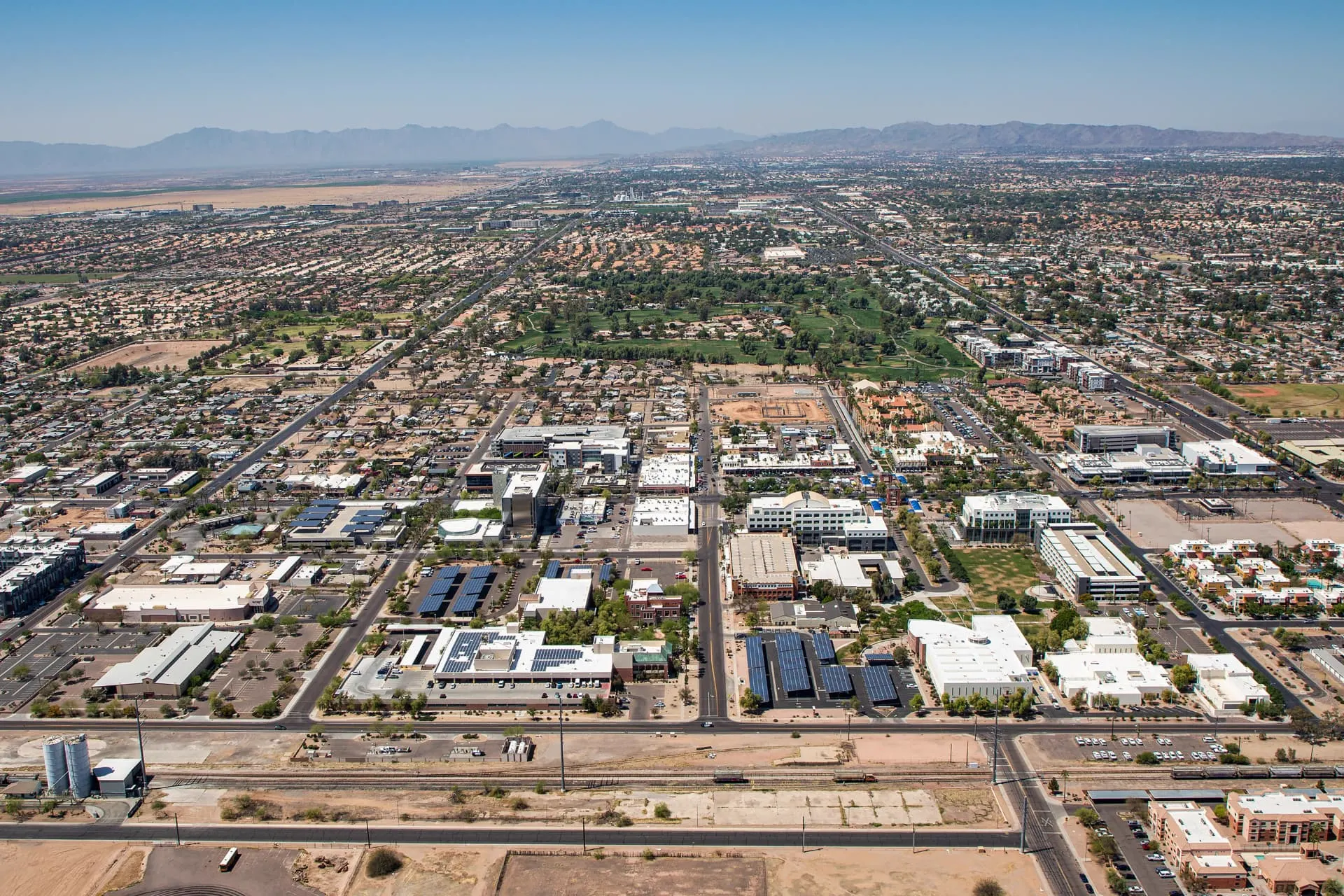 Wide aerial view of the Chandler area valley with mountains on the horizon, rope access, confined space rescue and safety services in Chandler, AZ