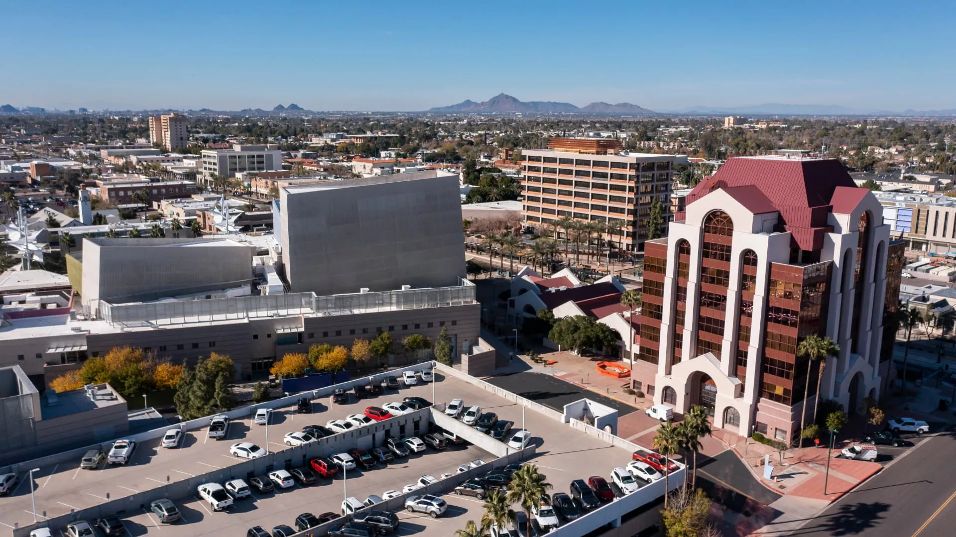 Aerial view of downtown Mesa mid-rise buildings and rooftops, rope access, confined space rescue and safety services in Mesa, AZ