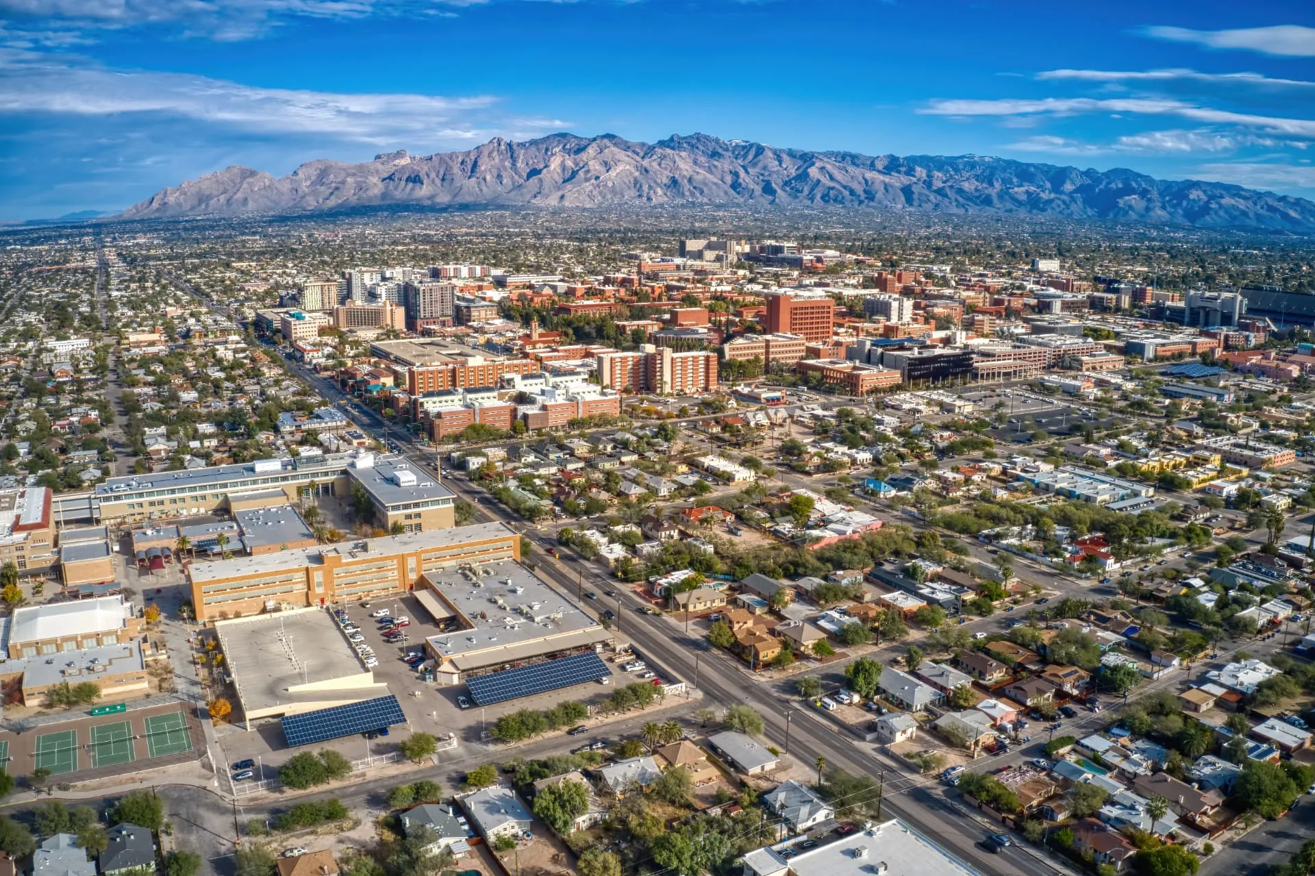 Aerial view of Tucson near the university district with the Catalina Mountains behind