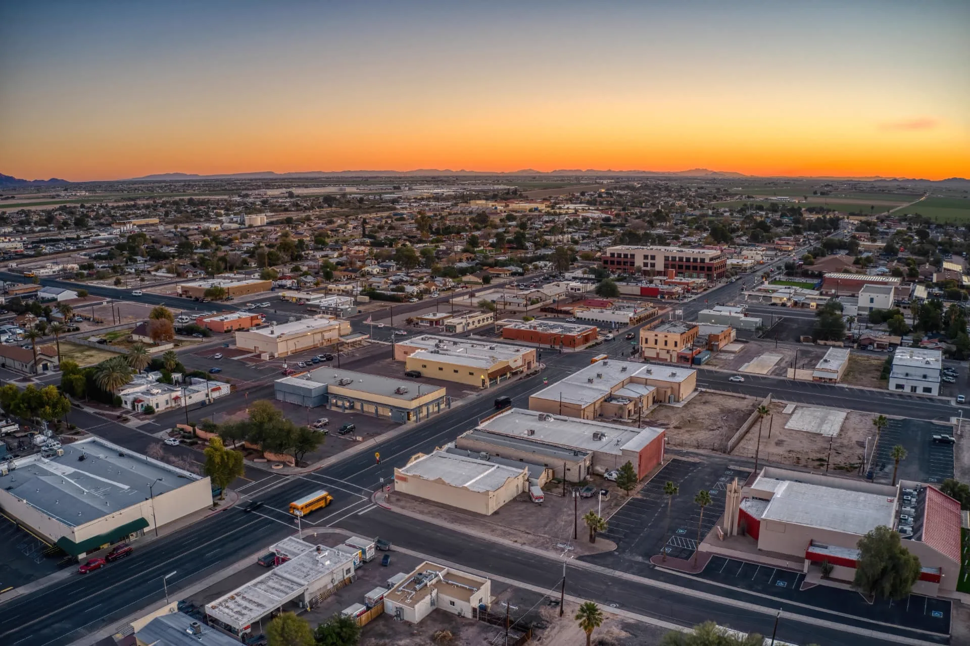 Aerial view of the Buckeye main street corridor at sunset