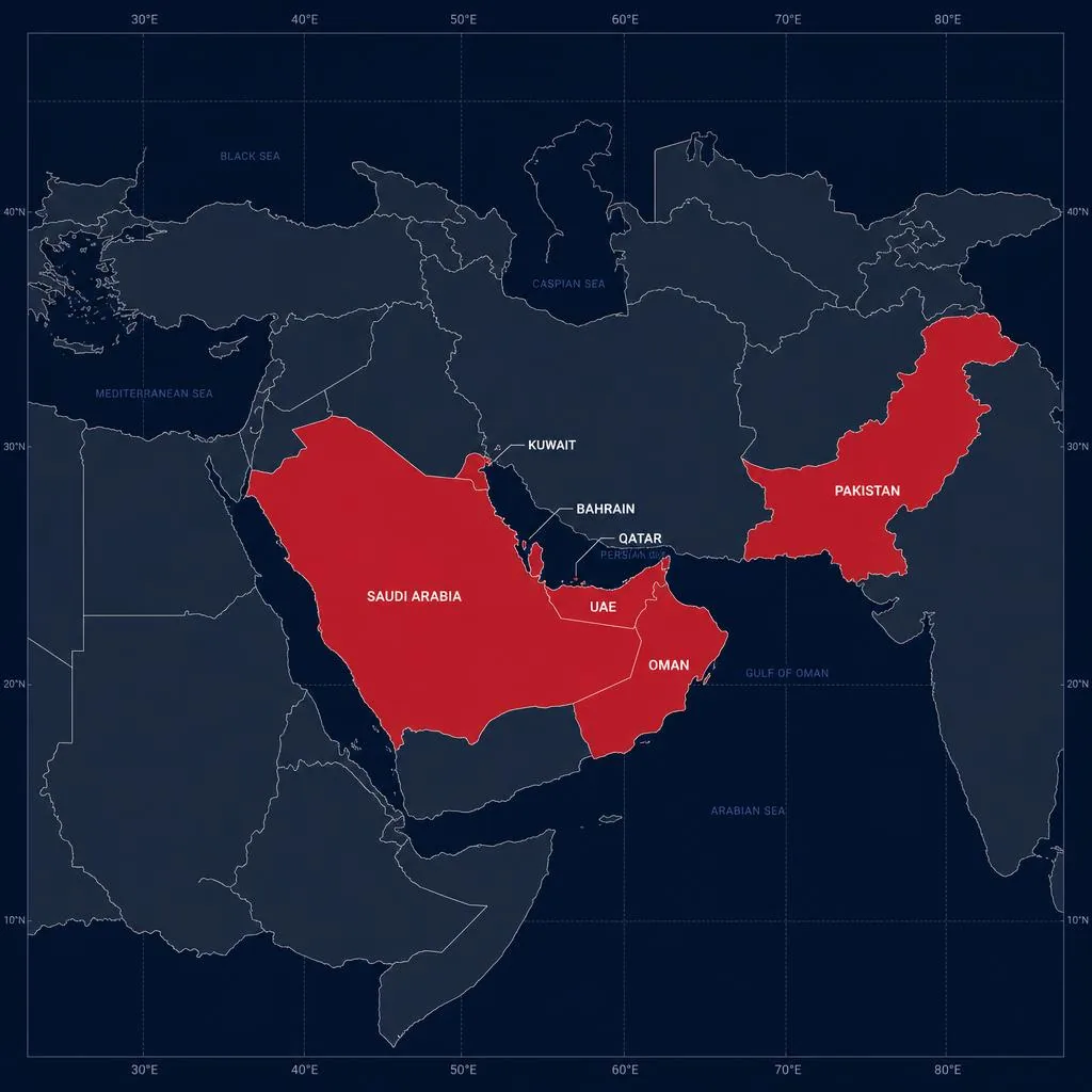 Map of the Middle East and West Asia highlighting Saudi Arabia, Bahrain, Kuwait, Qatar, UAE, Oman and Pakistan