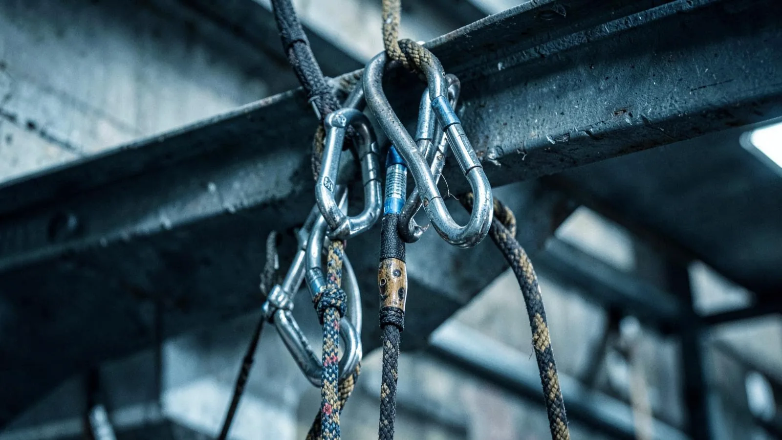 Rope access technician working at height on an industrial structure with rigged rope systems