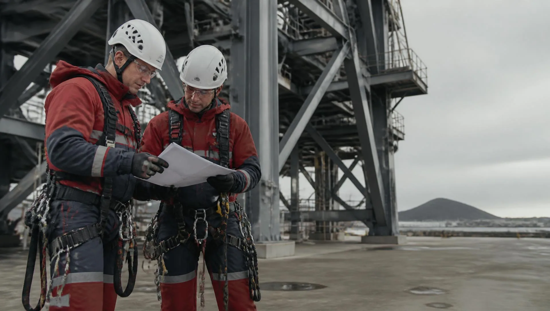 Two ARS rope access technicians in harnesses reviewing a project plan at the base of a steel industrial structure